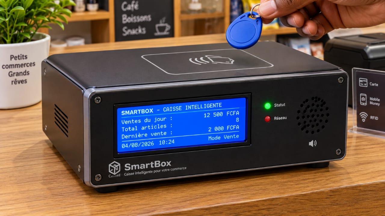 SmartBox, caisse intelligente avec lecteur RFID, écran LCD et voyants d'état