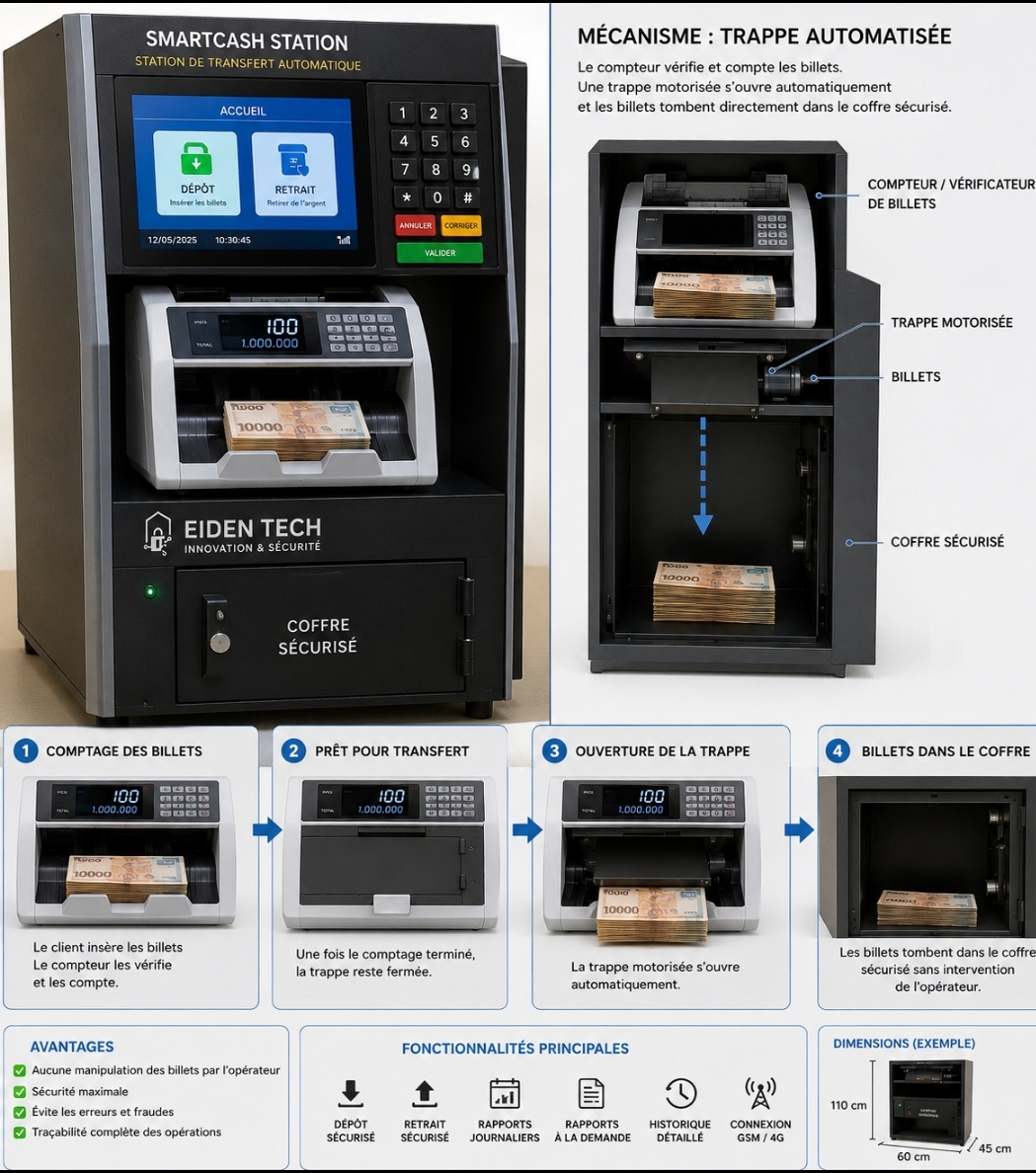 Concept de station SmartCash Station avec compteur de billets et coffre sécurisé